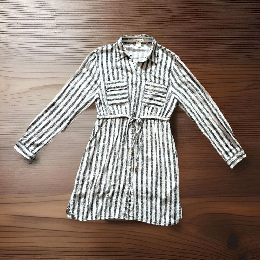Passport Striped Shirt Dress Size Large Knee Length Button Front Tie Waist Lined